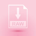 Paper cut RAW file document icon. Download RAW button icon isolated on pink background. Paper art style. Vector Royalty Free Stock Photo