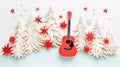 Paper cut of red and white Christmas tree, minimalist red guitar. Illustration of Merry christmas Happy new year.