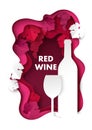 Paper cut red wine splash with grapes, bottle and wine glass silhouettes, vector illustration Royalty Free Stock Photo