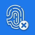 Paper cut Rejection fingerprint icon isolated on blue background. Access denied for user concept. Error, fraud