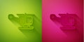 Paper cut Rescue helicopter aircraft vehicle icon isolated on green and pink background. Paper art style. Vector