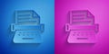 Paper cut Retro typewriter and paper sheet icon isolated on blue and purple background. Paper art style. Vector