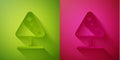 Paper cut Road sign avalanches icon isolated on green and pink background. Snowslide or snowslip rapid flow of snow down Royalty Free Stock Photo