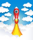 Paper cut rocket. Origami space art, flat cartoon pastel art with clouds and spaceship, polygon spacecraft. Vector paper