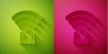 Paper cut Router and wi-fi signal icon isolated on green and pink background. Wireless ethernet modem router. Computer