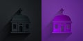 Paper cut Santorini building icon isolated on black on purple background. Traditional Greek white houses with blue roofs