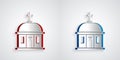 Paper cut Santorini building icon isolated on grey background. Traditional Greek white houses with blue roofs European