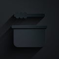 Paper cut Sauna bucket and ladle icon isolated on black background. Paper art style. Vector Illustration