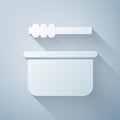 Paper cut Sauna bucket and ladle icon isolated on grey background. Paper art style. Vector Illustration