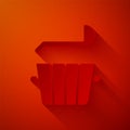 Paper cut Sauna bucket and ladle icon isolated on red background. Paper art style. Vector