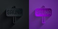Paper cut Sauna icon isolated on black on purple background. Paper art style. Vector