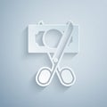 Paper cut Scissors cutting money icon isolated on grey background. Price, cost reduction or price reduction icon concept Royalty Free Stock Photo