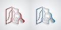 Paper cut Search location icon isolated on grey background. Magnifying glass with pointer sign. Paper art style. Vector
