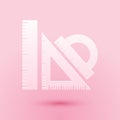 Paper cut Set ruler, triangular ruler and protractor icon isolated on pink background. Straightedge sign. Triangle sign