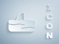 Paper cut Shark fin in ocean wave icon isolated on grey background. Paper art style. Vector Royalty Free Stock Photo