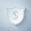 Paper cut Shield and dollar icon isolated on grey background. Security shield protection. Money security concept. Paper Royalty Free Stock Photo