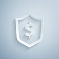 Paper cut Shield with dollar symbol icon isolated on grey background. Security shield protection. Money security concept Royalty Free Stock Photo