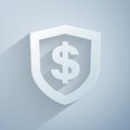 Paper cut Shield with dollar symbol icon isolated on grey background. Security shield protection. Money security concept Royalty Free Stock Photo