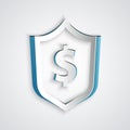 Paper cut Shield with dollar symbol icon isolated on grey background. Security shield protection. Money security concept Royalty Free Stock Photo