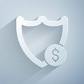 Paper cut Shield with dollar symbol icon isolated on grey background. Security shield protection. Money security concept Royalty Free Stock Photo