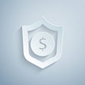 Paper cut Shield with dollar symbol icon isolated on grey background. Security shield protection. Money security concept Royalty Free Stock Photo