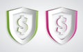 Paper cut Shield with dollar symbol icon isolated on grey background. Security shield protection. Money security concept Royalty Free Stock Photo