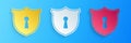 Paper cut Shield with keyhole icon isolated on blue background. Protection and security concept. Safety badge icon. Privacy banner Royalty Free Stock Photo