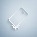 Paper cut Shockproof mobile phone icon isolated on grey background. Paper art style. Vector Royalty Free Stock Photo
