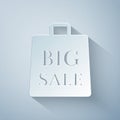 Paper cut Shoping bag with an inscription Big Sale icon isolated on grey background. Handbag sign. Woman bag icon