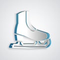 Paper cut Skates icon isolated on grey background. Ice skate shoes icon. Sport boots with blades. Paper art style