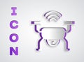 Paper cut Smart drone system icon isolated on grey background. Quadrocopter with video and photo camera symbol. Paper