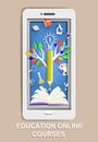 Paper cut smartphone, open book, tree of knowledge, science and school symbols, vector illustration. Online education. Royalty Free Stock Photo