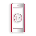 Paper cut Smartphone with play button on the screen icon isolated on white background. Paper art style. Vector Royalty Free Stock Photo