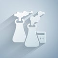 Paper cut Smoke from factory icon isolated on grey background. Environmental pollution problem, smoke pipes of factory Royalty Free Stock Photo