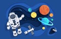 Paper cut space. Cartoon cosmonaut in open space with stars rocket spaceship planets and clouds. Vector astronaut in