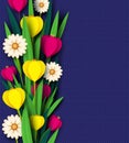 Paper cut spring flowers tulip and chamomiles. Template for greeting card, holiday background. Papercraft style.