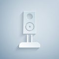 Paper cut Stereo speaker icon isolated on grey background. Sound system speakers. Music icon. Musical column speaker