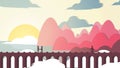 Paper-cut Style Applique Bridge near Coast with People - Vector