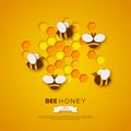 Paper cut style bee with honeycombs. Template design for beekiping and honey product. Yellow background, vector