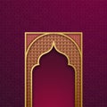 Paper cut style golden mosque door shape on islamic pattern background.