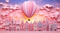 Paper cut style greeting card for Valentine\'s Day with a hot air balloon flying with clouds over the city. Love background.