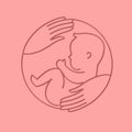 Paper cut style. Logotype with human embryo and caring hands. Baby in the womb. Stylish logo for a prenatal or Royalty Free Stock Photo