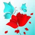 Paper-cut style red flower, blue butterflies and flying petals. 3D vector, card, day, happy, spring, summer, love, flora Royalty Free Stock Photo