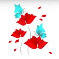 Paper-cut style red flowers, blue butterflies and flying petals on white background. 3D vector, card, day, happy, spring Royalty Free Stock Photo