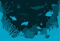 Paper cut style underwater deep sea background with fishes and coral reefs vector illustration texture