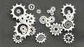 Paper cut style white gears and cogs on gray blueprint chalkboard background.