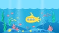 Paper cut submarine. Underwater ocean landscape with fish, seaweeds and coral reef in cartoon paper style. Vector marine Royalty Free Stock Photo