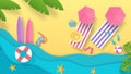 Paper cut summer beach. Vacation background with top view of waves umbrellas and seaside. Vector summer holiday poster Royalty Free Stock Photo