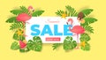 Paper cut summer sale. Abstract banner with flamingo and exotic leaves, special offer flyer. Vector sale origami poster