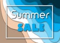 Paper cut summer sale banner with sea or ocean waves and tropical beach sand, white frame and text. Royalty Free Stock Photo